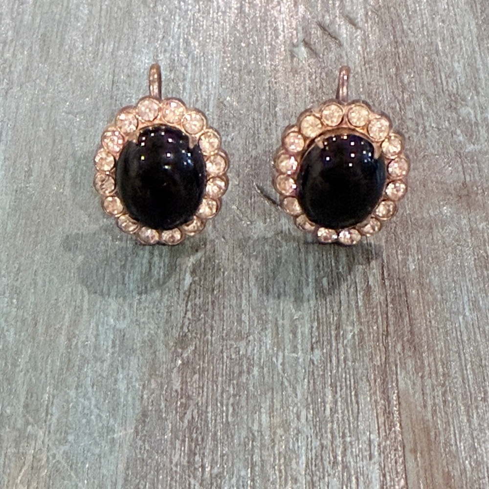 Vintage Black Cabochon Screw-Back Earrings with Rhinestone Halo